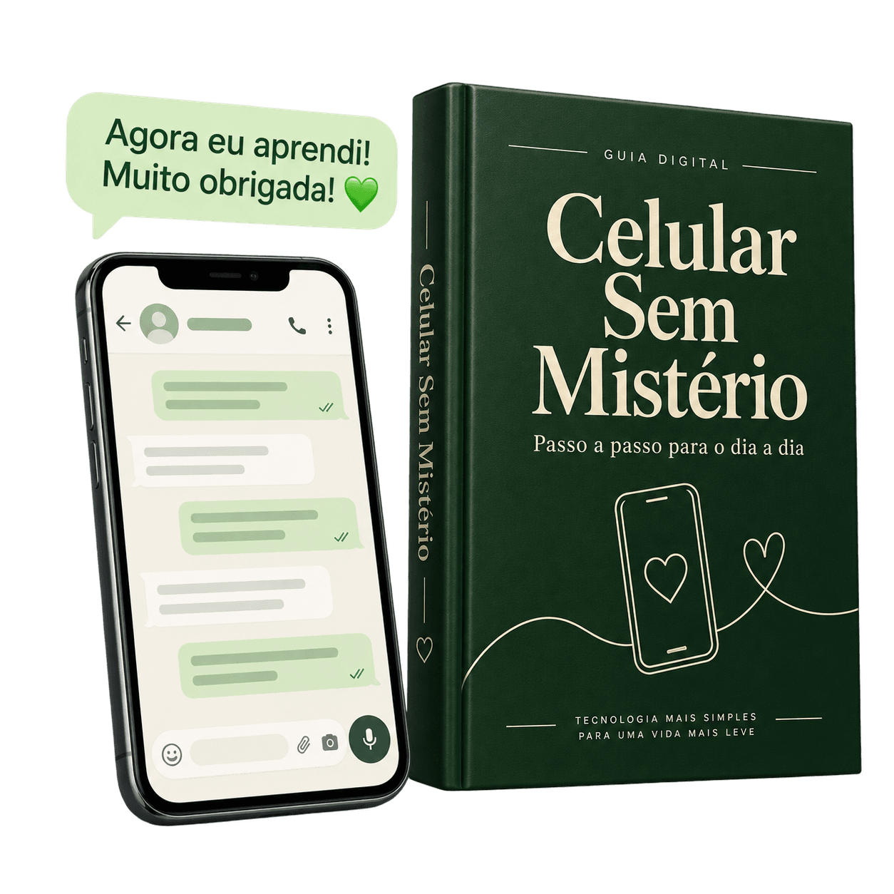 Ilustração do guia Celular Sem Mistério ao lado de um celular com um balão de agradecimento.